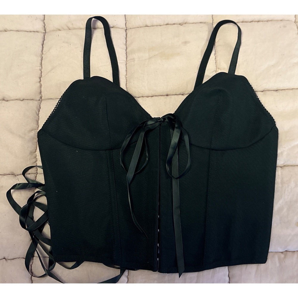 Women Black Hook & Eye Lace Up Corset Bustier Crop Top, Size S